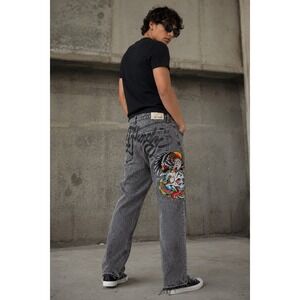 Ed Hardy‎ Mens 38 Gray Embroidered Skull Eagle Snake Jeans Y2K Tattoo Denim